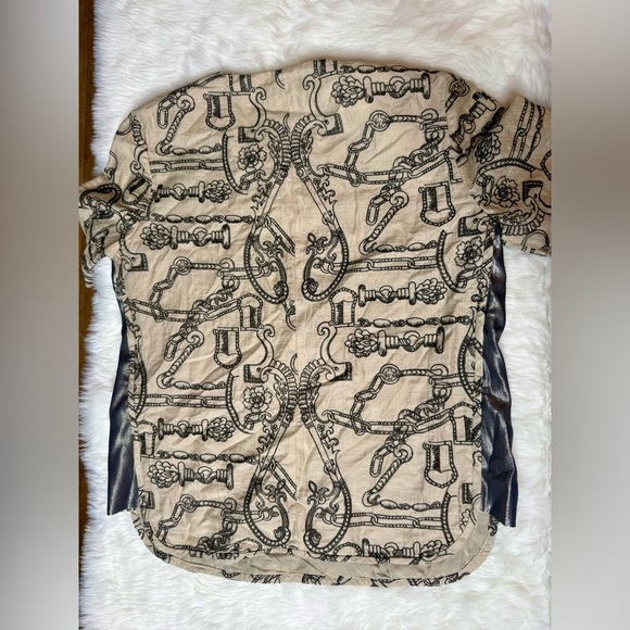 Tory Burch Cream and Black Chain Print Cotton and Linen Blouse Top Size 2 - Picture 5 of 10